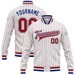 Custom Name Number Personalized Varsity Letterman Jacket Red White Pinstripe Bomber Full-Snap Team Apparel Personalized White