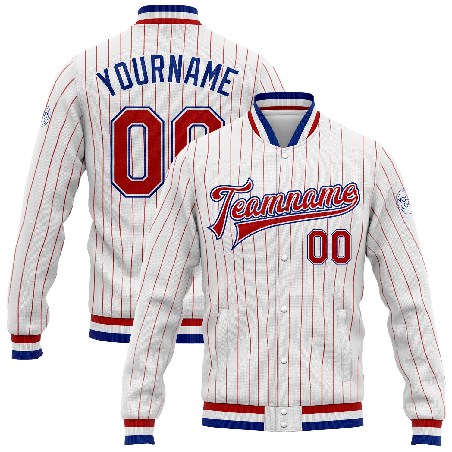 Custom Name Number Personalized Varsity Letterman Jacket Red White Pinstripe Bomber Full-Snap Team Apparel Personalized White