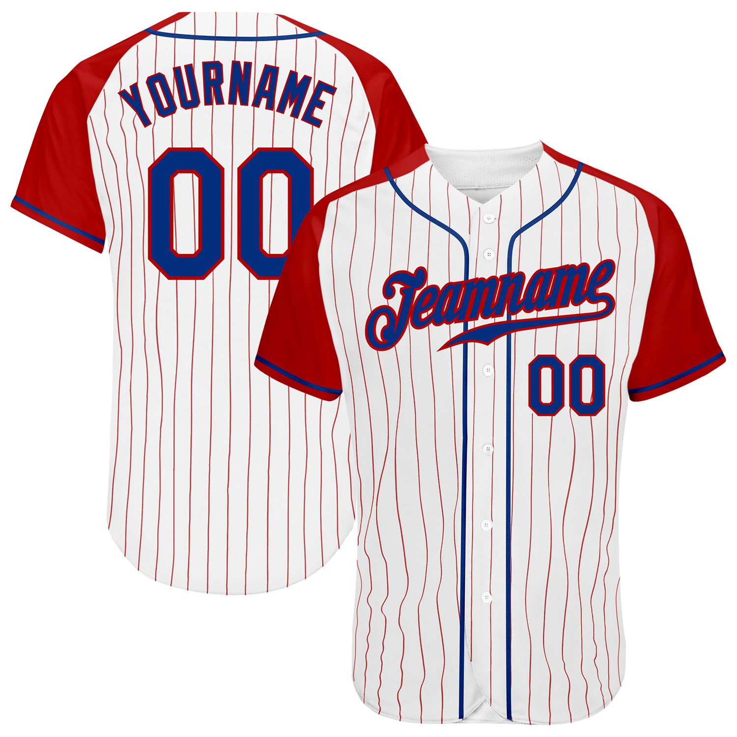 Custom Name and Number Personalized Royal Red Pinstripe Baseball Jersey with Raglan Sleeves Personalized White Red Pinstripe