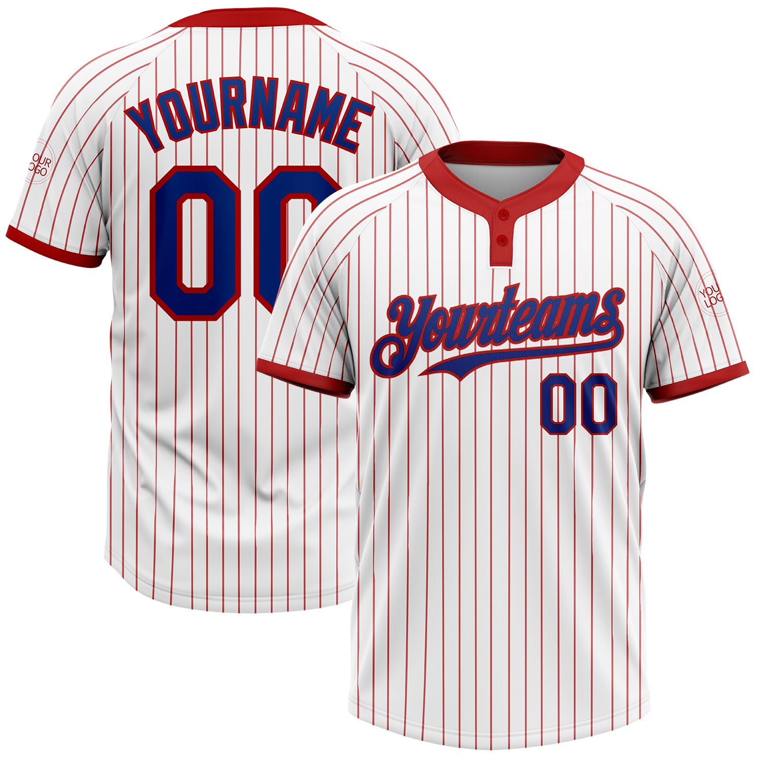 Custom Unisex Softball Jersey with Personalized Name & Number - White Red Pinstripe Royal Two-Button Design Personalized