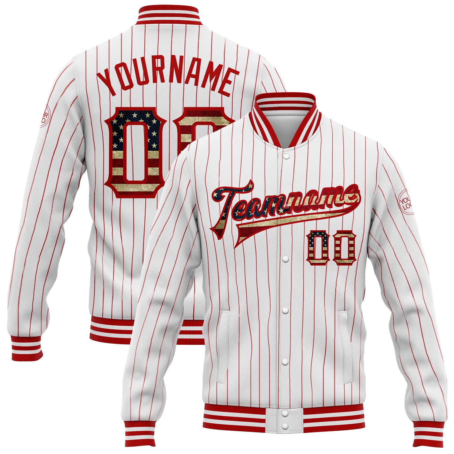 Custom Vintage USA Flag Bomber Jacket with Name and Number - Personalized Red White Pinstripe Varsity Full-Snap Letterman Jacket
