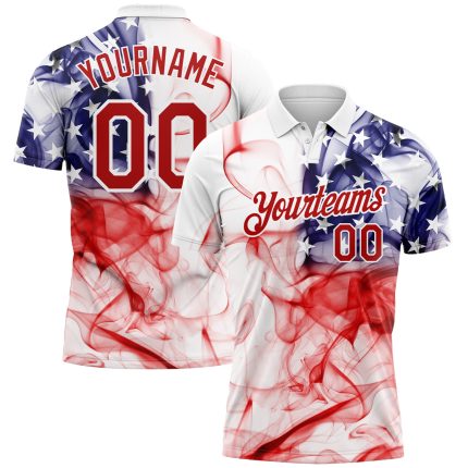 Custom 3D American Flag Golf Polo Shirt with Personalized Name and Number in White Red-Purple Personalized White Red-Purple