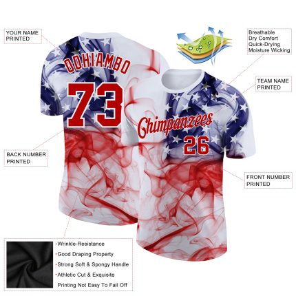 Custom Name and Number 3D American Flag Performance T-Shirt - Personalized White Red-Purple Team Apparel Personalized White