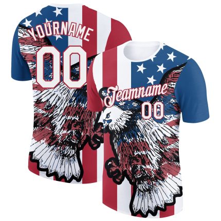 Custom American Flag Eagle Performance T-Shirt with Personalized Name and Number - Red and White 3D Team Gear Personalized