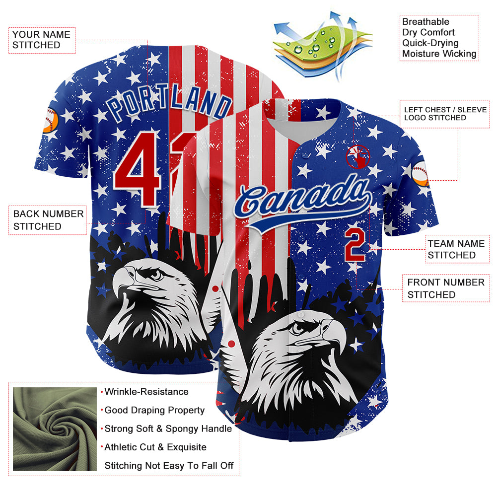 Personalized White Red-Royal 3D American Flag Eagle And Star Authentic Baseball Jersey Team Custom Name and Number Custom 3D American Flag Eagle Baseball Jersey with Personalized Name and Number - White Red-Royal Team Gear Personalized - Image 3