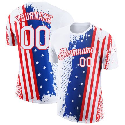 Personalized 3D American Flag Patriotic Performance T-Shirt in White Red-Royal Colors Personalized White Red-Royal 3D American