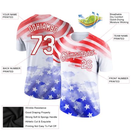 Custom American Flag Performance T-Shirt with Name and Number - Personalized Red Royal 3D Patriotic Tee Personalized White