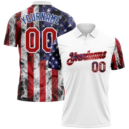 Personalized 3D American Flag Performance Golf Polo Shirt - White Red-Royal Personalized White Red-Royal 3D American Flag