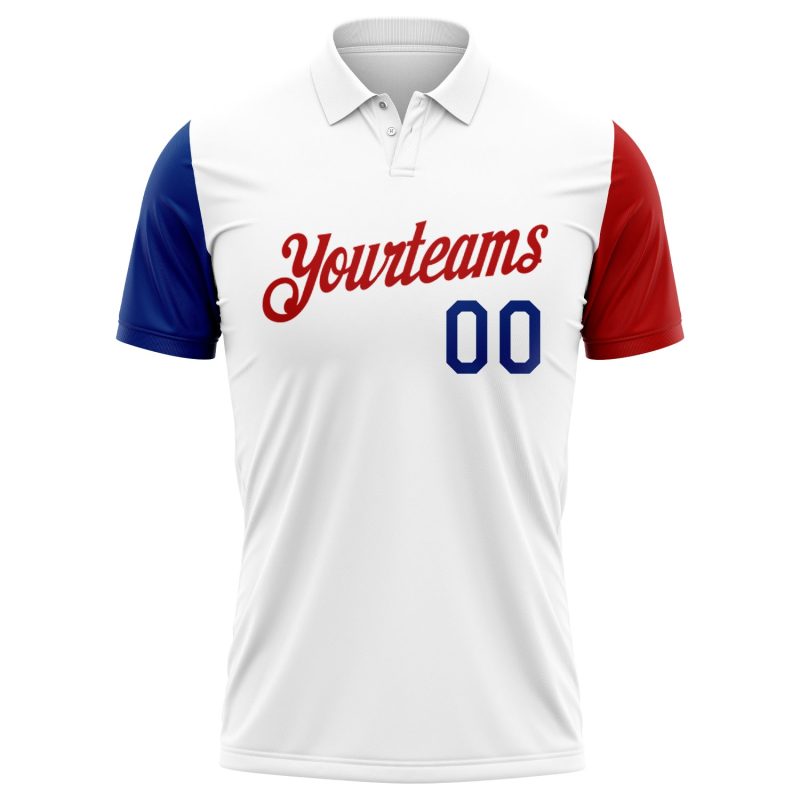 Custom Name and Number 3D American Flag Golf Polo Shirt - Personalized Red-White-Royal Team Apparel Personalized White Red-Royal
