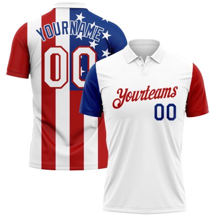 Custom Name and Number 3D American Flag Golf Polo Shirt - Personalized Red-White-Royal Team Apparel Personalized White Red-Royal