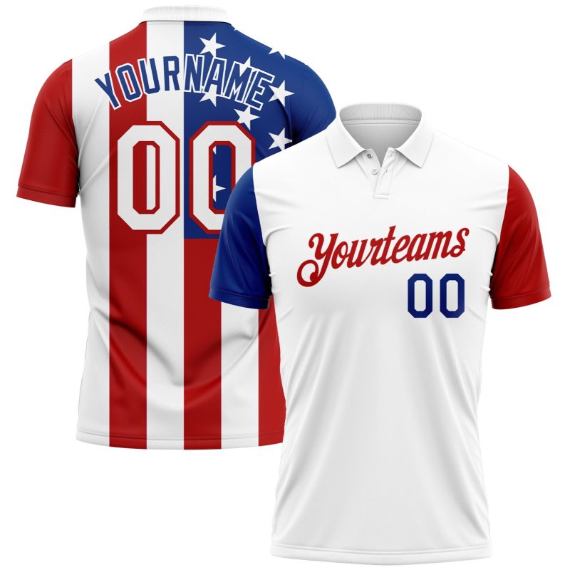 Custom Name and Number 3D American Flag Golf Polo Shirt - Personalized Red-White-Royal Team Apparel Personalized White Red-Royal