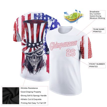 Custom American Flag Skull T-Shirt - 3D Patriotic Performance Tee with Personalized Name & Number in White Red-Royal Personalized