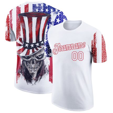 Custom American Flag Skull T-Shirt - 3D Patriotic Performance Tee with Personalized Name & Number in White Red-Royal Personalized