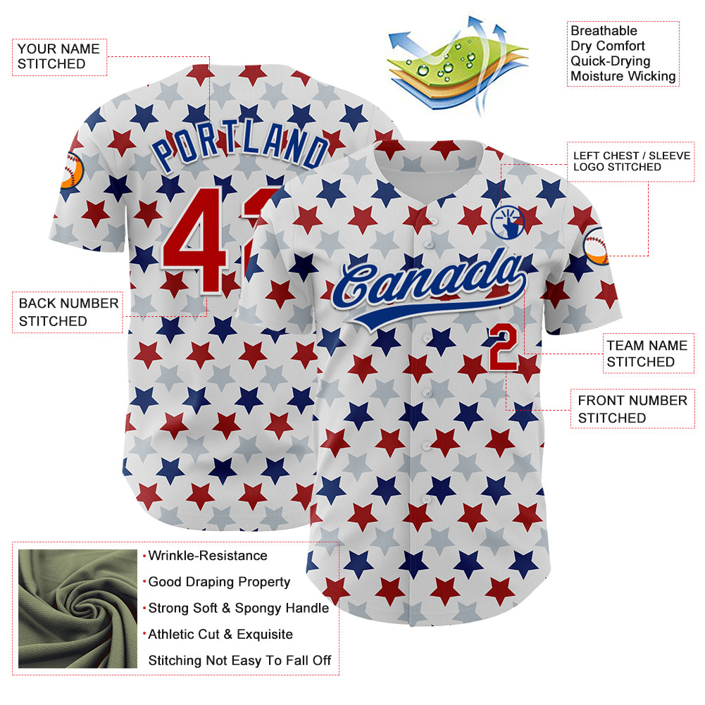 Personalized White Red-Royal 3D Pattern Design Star Authentic Baseball Jersey Personalized Red-Royal 3D Star Design Baseball Jersey - Authentic White Jersey Personalized White Red-Royal 3D Pattern Design - Image 3
