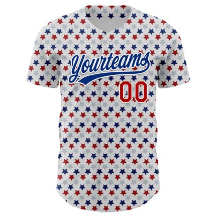 Customizable 3D Pattern Baseball Jersey with Team Name/Number - Personalized White Red-Royal Star Design Personalized White