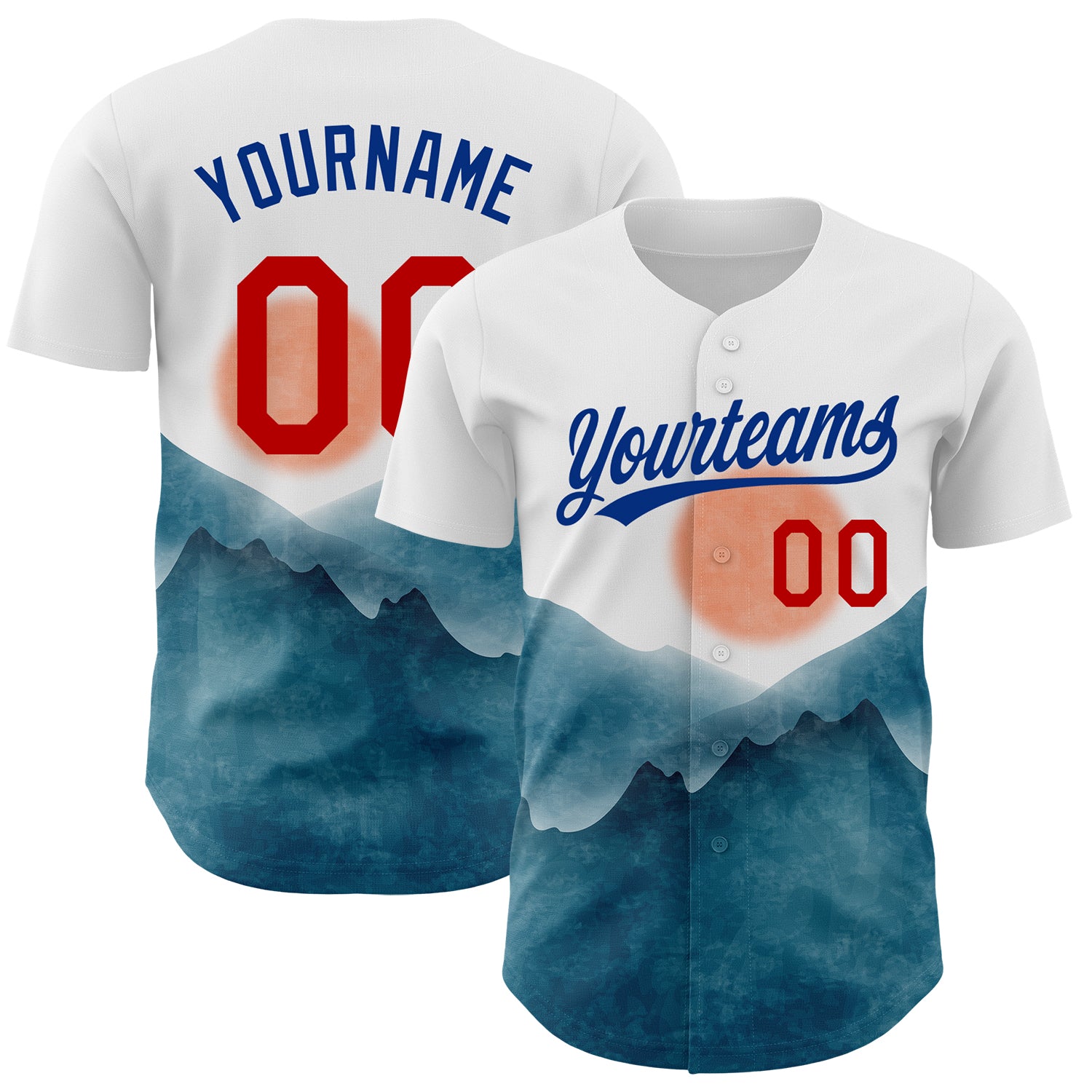 Custom Name and Number Baseball Jersey - Personalized White Red-Royal 3D Watercolor Mountains Design Personalized White Red-Royal