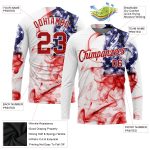 Custom Name and Number American Flag 3D Long Sleeve Performance T-Shirt - White Red-Royal Team Apparel Personalized White