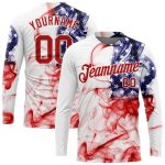 Custom Name and Number American Flag 3D Long Sleeve Performance T-Shirt - White Red-Royal Team Apparel Personalized White