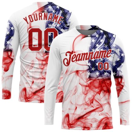 Custom Name and Number American Flag 3D Long Sleeve Performance T-Shirt - White Red-Royal Team Apparel Personalized White