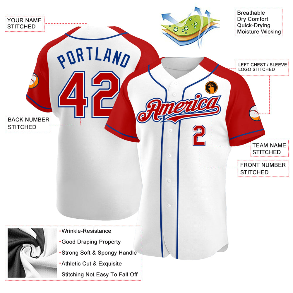 Personalized White Red-Royal Authentic Raglan Sleeves Baseball Jersey Team Custom Name and Number Custom Name and Number Baseball Jersey - Personalized Red-Royal Authentic Raglan Sleeves Team Design Personalized White Red-Royal - Image 3