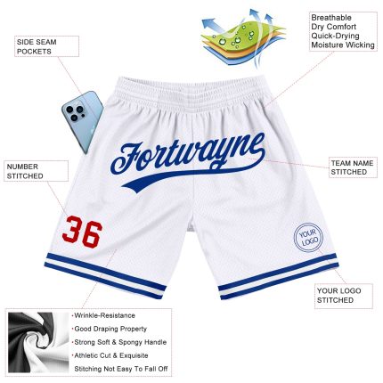 Personalized Authentic Throwback Basketball Shorts in White Red-Royal Personalized White Red-Royal Authentic Throwback Basketball