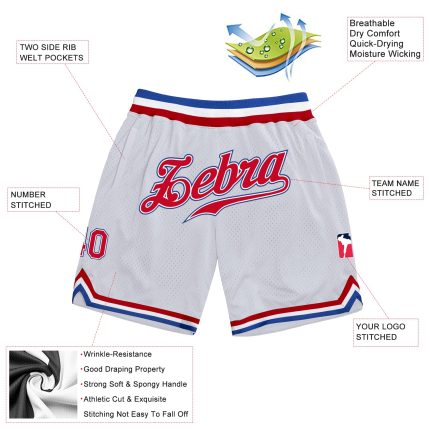 Custom Name and Number Authentic Throwback Basketball Shorts - Personalized White Red-Royal Team Apparel Personalized White