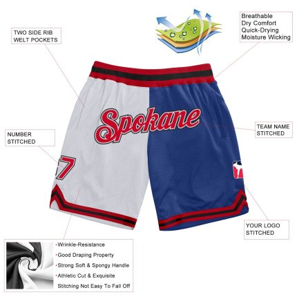 Custom Name Number Authentic Basketball Shorts Red-Royal White Split Design - Personalized Team Fashion Personalized White