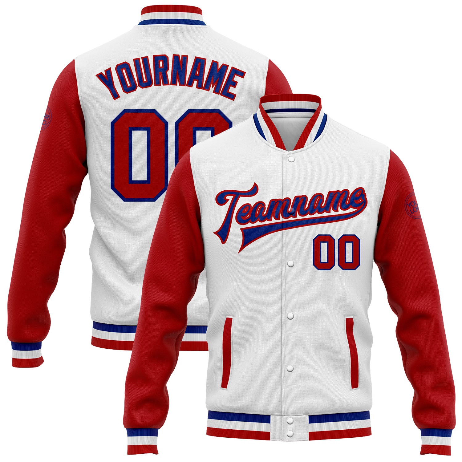 Personalized Bomber Jacket Red Royal Two Tone Full-Snap Varsity Letterman Personalized White Red-Royal Bomber Full-Snap Varsity