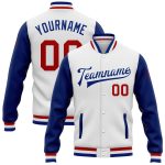 Custom Team Name & Number Two-Tone Red White Varsity Letterman Bomber Full-Snap Jacket Personalized White Red-Royal Bomber