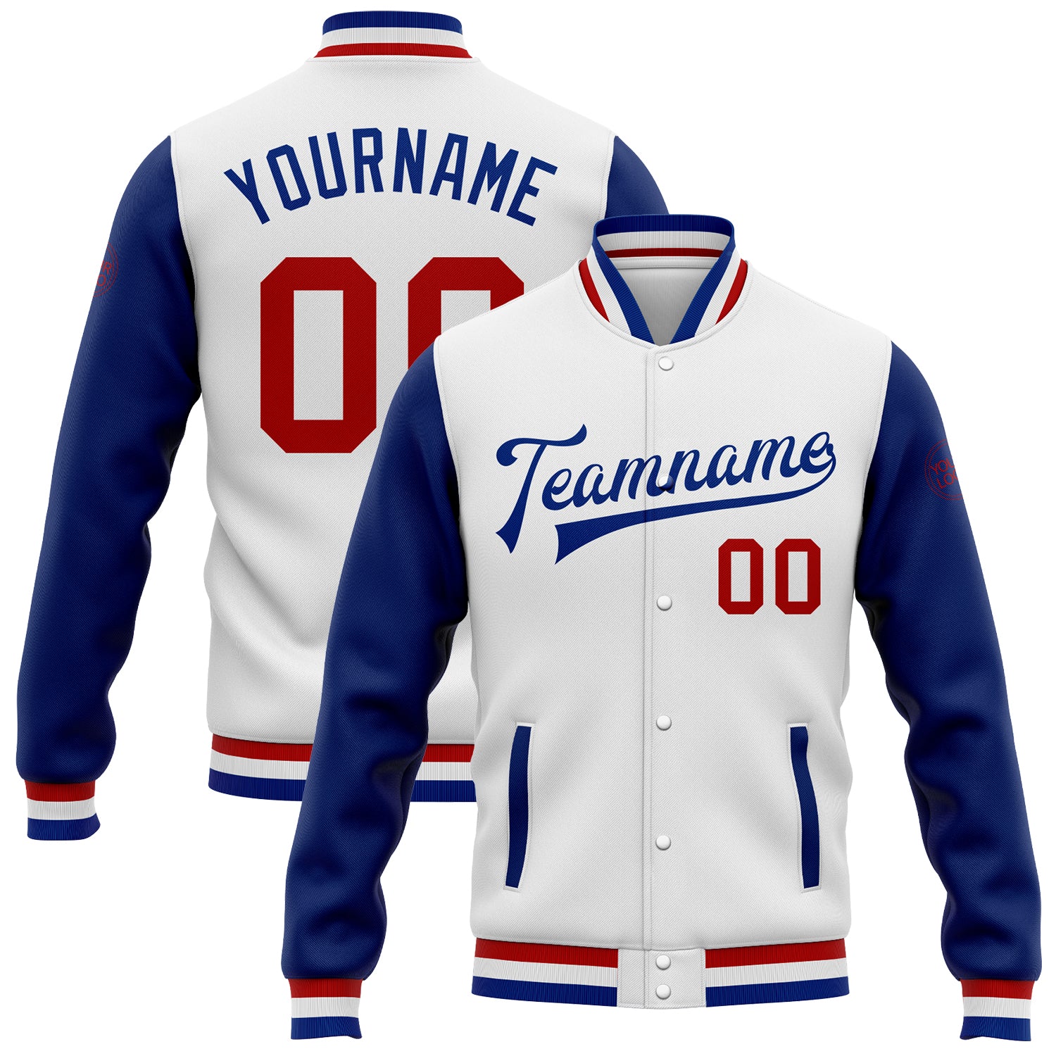 Custom Team Name & Number Two-Tone Red White Varsity Letterman Bomber Full-Snap Jacket Personalized White Red-Royal Bomber