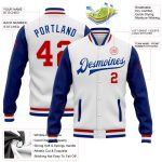 Custom Team Name & Number Two-Tone Red White Varsity Letterman Bomber Full-Snap Jacket Personalized White Red-Royal Bomber