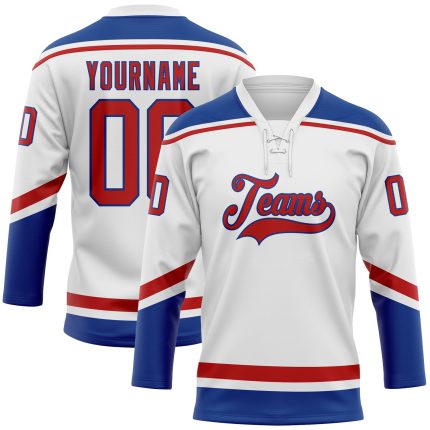 Custom Name and Number Personalized Red-Royal Hockey Lace Neck Jersey - Team Apparel Personalized White Red-Royal Hockey