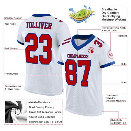 Custom Name and Number Personalized Football Jersey in White Red-Royal Mesh - Authentic Team Apparel Personalized White Red-Royal