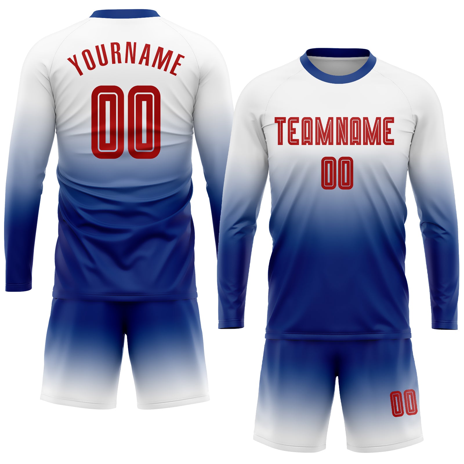Personalized White Red-Royal Sublimation Long Sleeve Fade Fashion Soccer Uniform Jersey Team Custom Name and Number Custom Name Number Soccer Jersey Long Sleeve Fade Fashion Personalized Red-Royal Sublimation Team Uniform Personalized White - Image 2