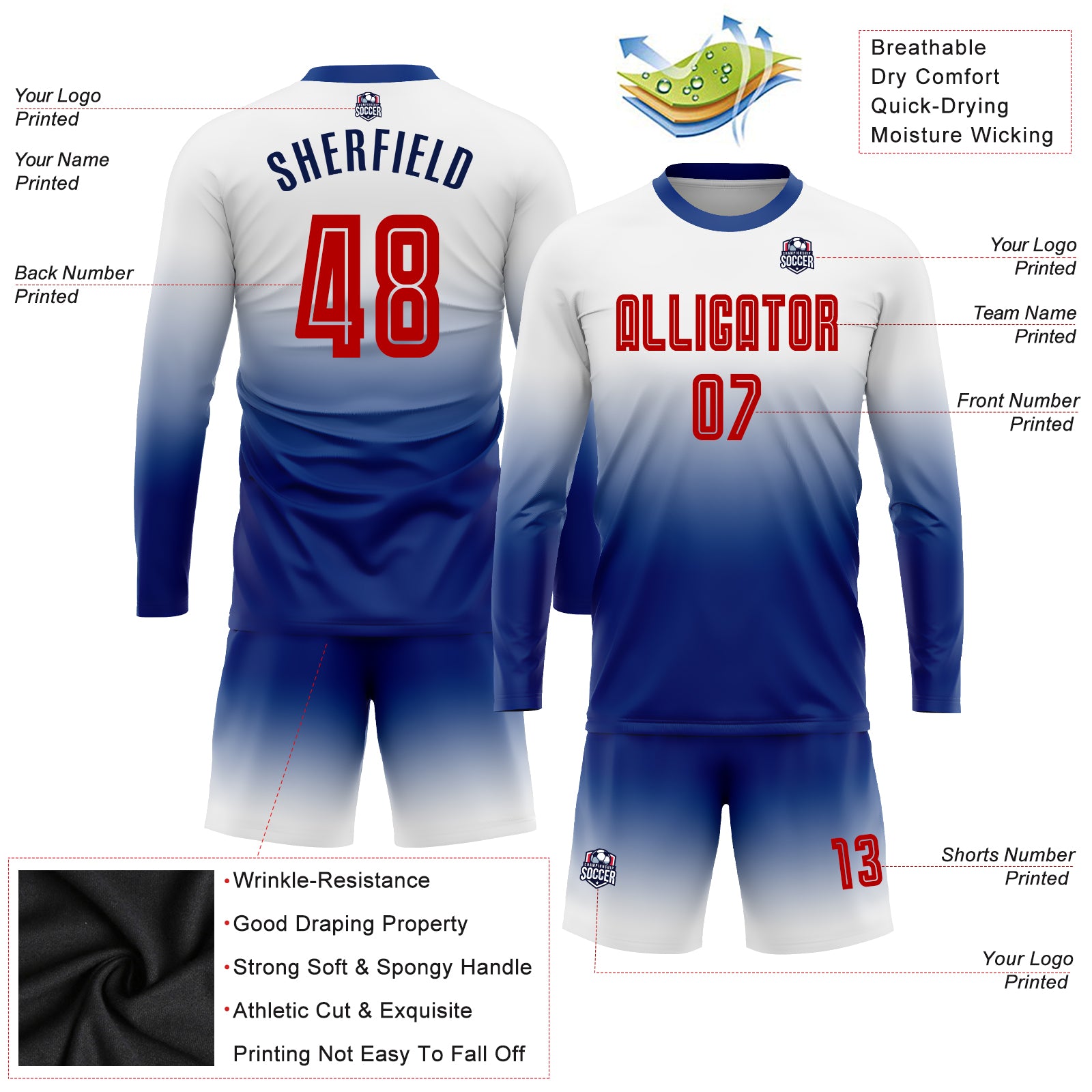 Personalized White Red-Royal Sublimation Long Sleeve Fade Fashion Soccer Uniform Jersey Team Custom Name and Number Custom Name Number Soccer Jersey Long Sleeve Fade Fashion Personalized Red-Royal Sublimation Team Uniform Personalized White - Image 3