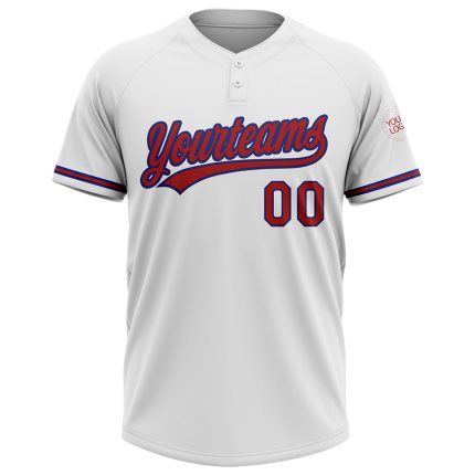 Personalized Unisex Softball Jersey - White and Red-Royal Two-Button Design Personalized White Red-Royal Two-Button Unisex