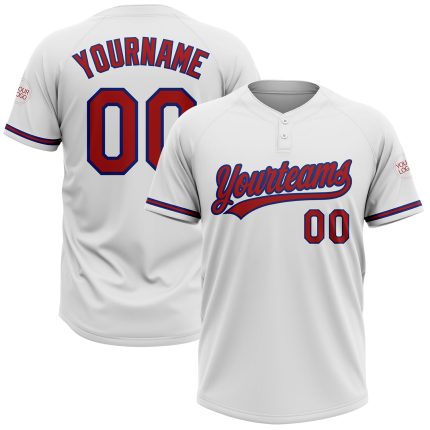 Personalized Unisex Softball Jersey - White and Red-Royal Two-Button Design Personalized White Red-Royal Two-Button Unisex