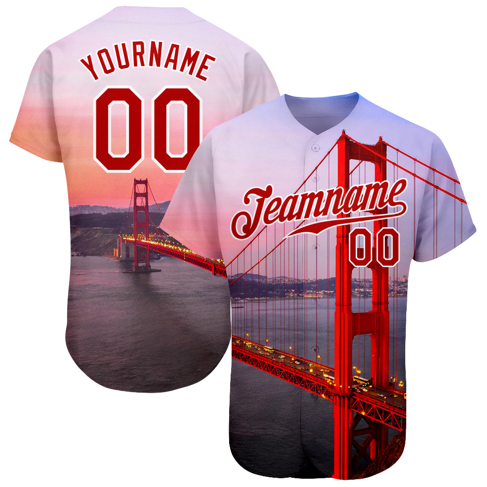 Custom Name and Number Personalized 3D Golden Gate Bridge Baseball Jersey in Red and White Design Personalized White Red-White