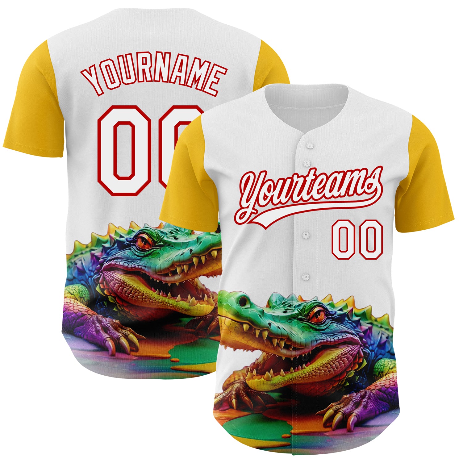 Custom Name Number Personalized Colorful Crocodile 3D Pattern Baseball Jersey Red Yellow White Design Authentic Team Personalized