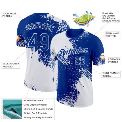 Custom Name and Number Personalized 3D Pattern Brush Stroke Performance T-Shirt - White Royal Design Personalized White Royal