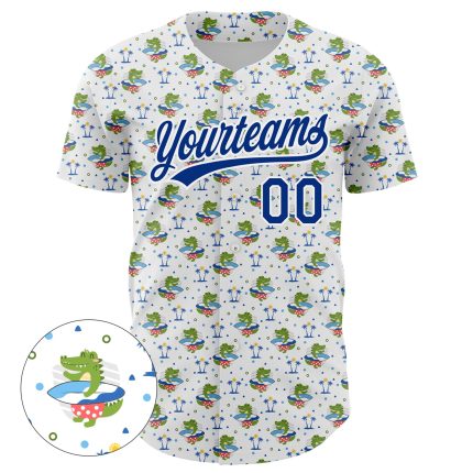Custom Name and Number Crocodile Surfing Baseball Jersey - Personalized White Royal 3D Pattern Design Personalized White