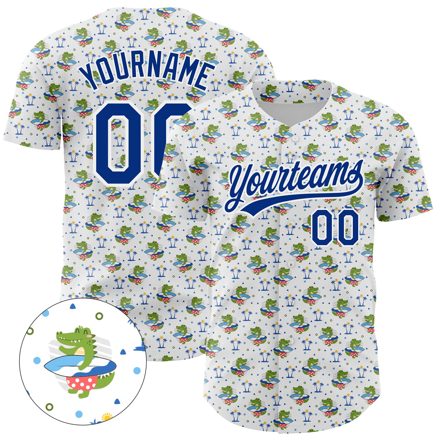 Custom Name and Number Crocodile Surfing Baseball Jersey - Personalized White Royal 3D Pattern Design Personalized White