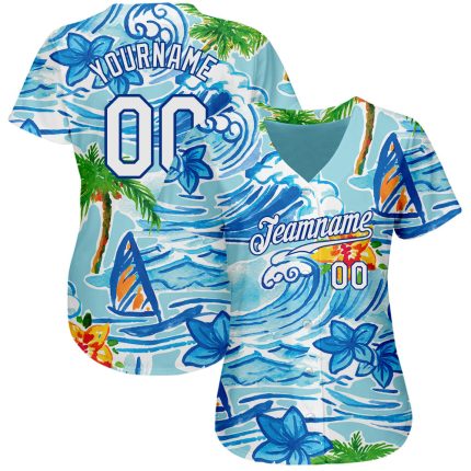 Personalized Hawaii Beach Baseball Jersey with 3D Palm Trees and Flowers - Custom Name & Number, White Royal Design Personalized