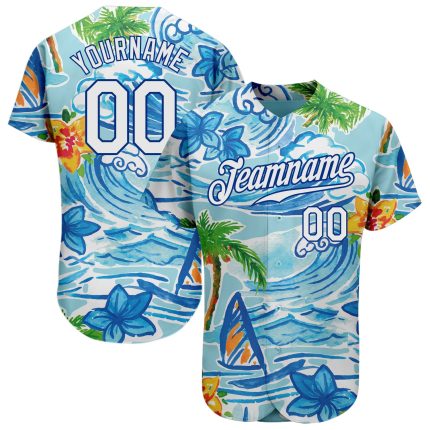 Personalized Hawaii Beach Baseball Jersey with 3D Palm Trees and Flowers - Custom Name & Number, White Royal Design Personalized