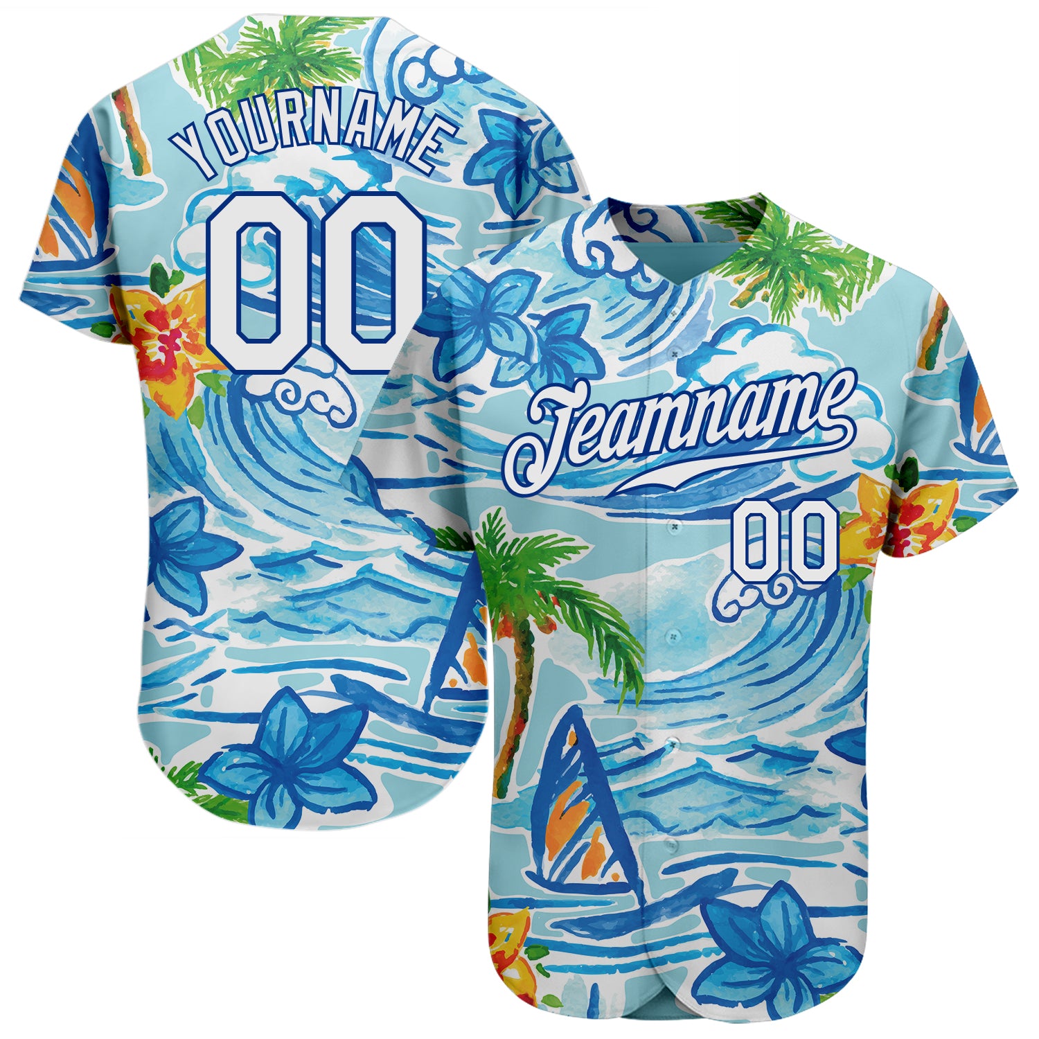 Personalized Hawaii Beach Baseball Jersey with 3D Palm Trees and Flowers - Custom Name & Number, White Royal Design Personalized