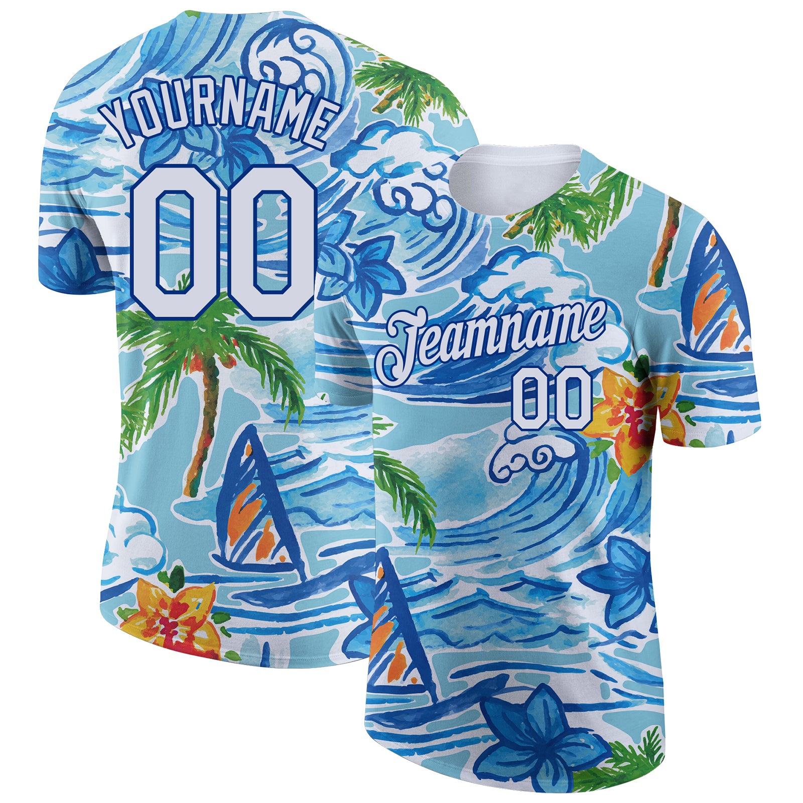 Custom Name and Number Performance T-Shirt with 3D Palm Trees and Flowers Design - Personalized White Beach Hawaii Tee Personalized