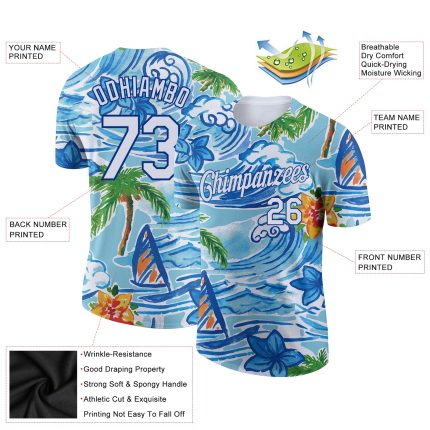 Custom Name and Number Performance T-Shirt with 3D Palm Trees and Flowers Design - Personalized White Beach Hawaii Tee Personalized