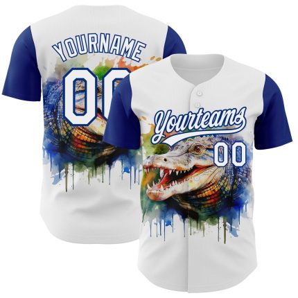 Custom Name and Number Baseball Jersey - Personalized White Royal Crocodile 3D Pattern Design Personalized White Royal 3D