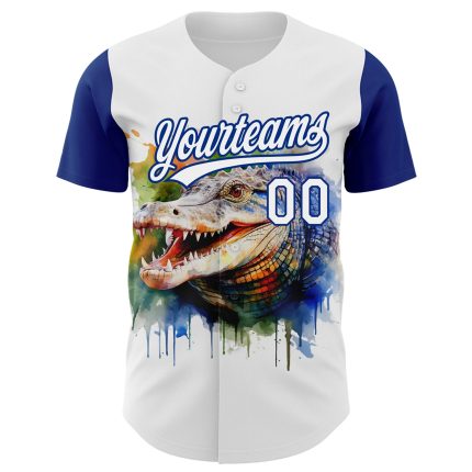 Custom Name and Number Baseball Jersey - Personalized White Royal Crocodile 3D Pattern Design Personalized White Royal 3D