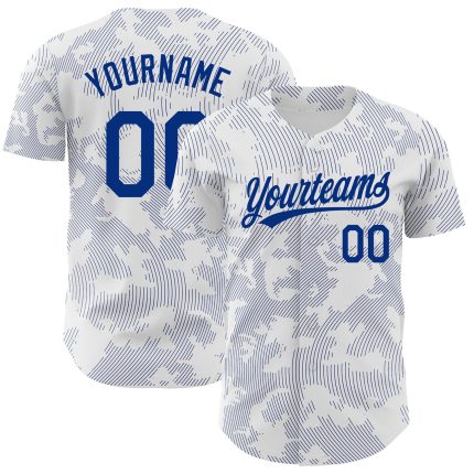 Personalized Authentic Baseball Jersey - Custom Name & Number, White Royal with 3D Pattern Curve Lines Design Personalized